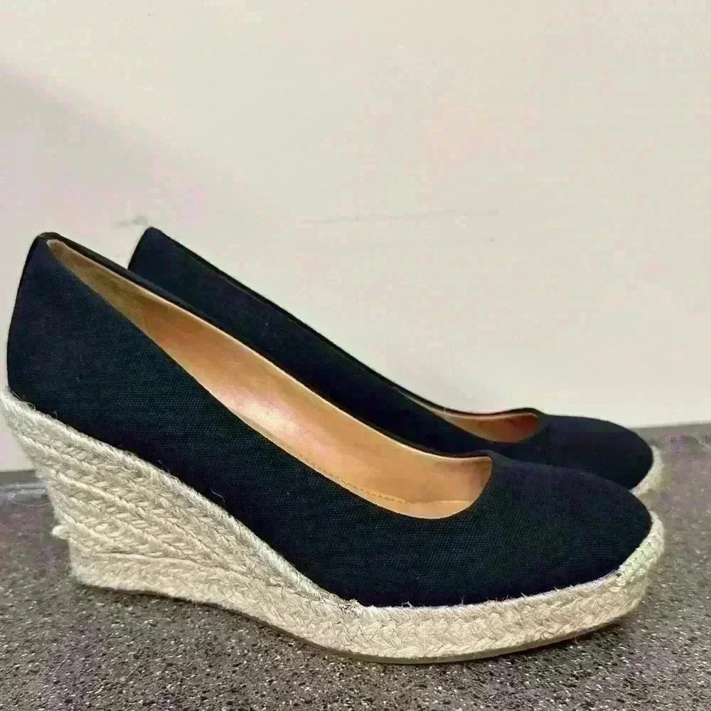 J.crew Womens Canvas Espadrilles Wedge Heels Shoes Black Slip On size 5